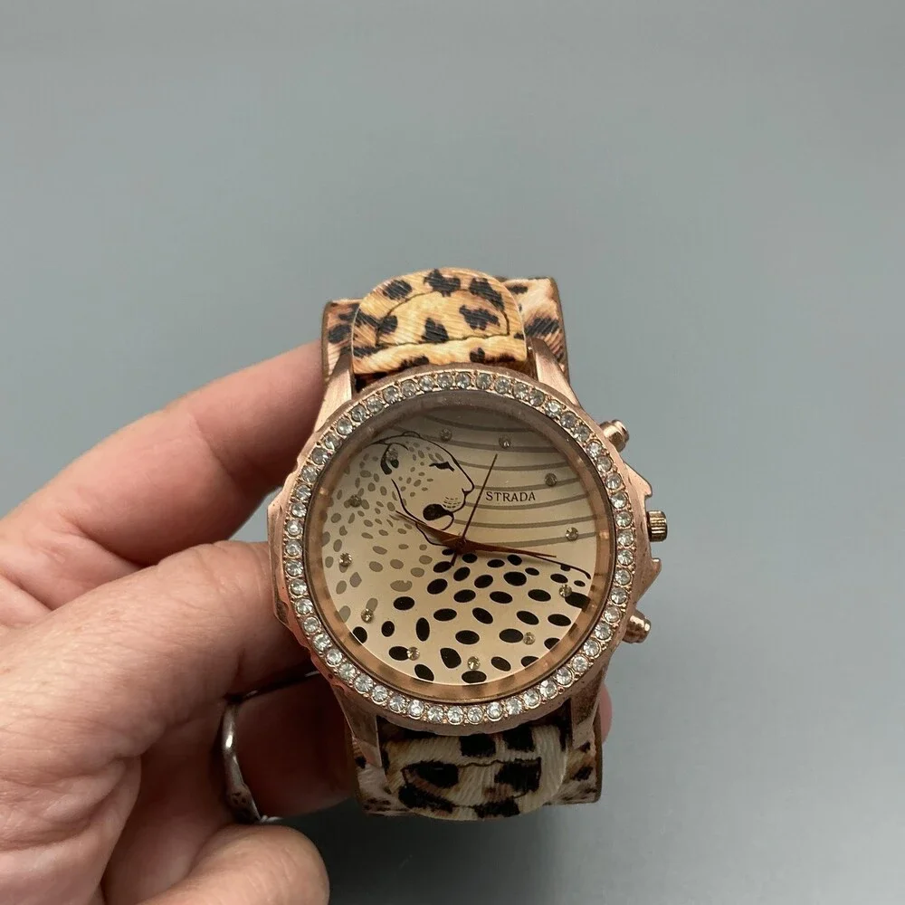 Strada Womens Watch 45mm Rose Gold Tone Cheetah Dial Leopard Strap New Battery